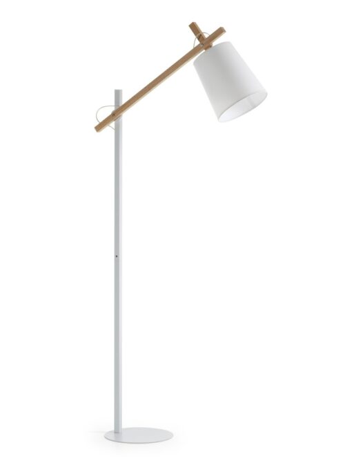 lampara de piso blanca con detalles en madera